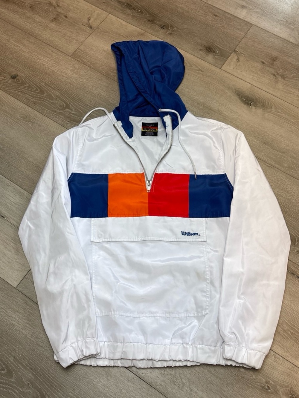 Forever 21 White Windbreaker Pullover with Blue Hood and Colorblock Panel